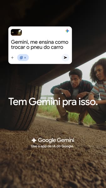 This ad promotes Google's Gemini AI app. It features a couple stranded with a flat tire, showing how Gemini can teac