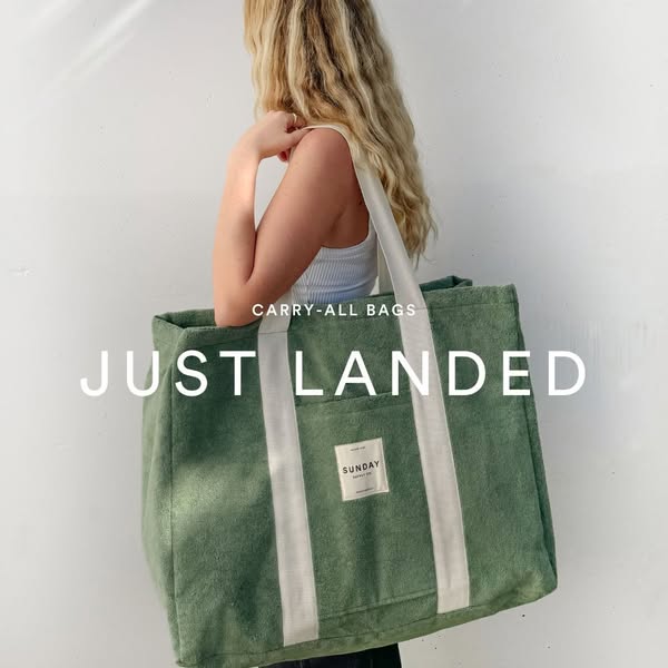 This image ad features a woman wearing a large green tote bag, designed for carrying many items.