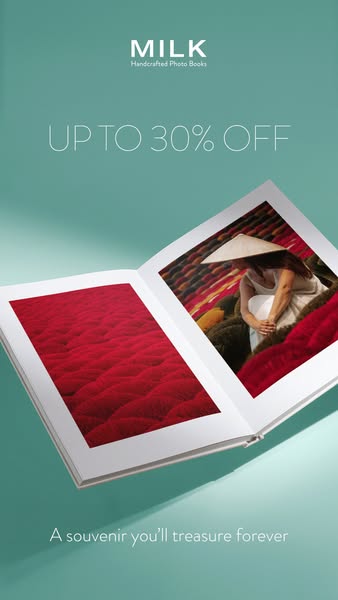 This ad promotes MILK photo albums by showcasing an open album with a photo of a woman in Vietnam. It offers up to 30% o