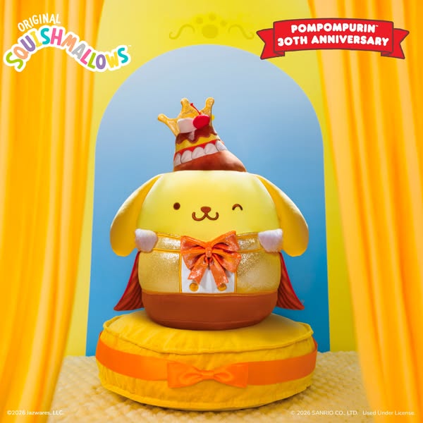 This ad showcases an Original Squishmallows plush doll, designed to look like the Sanrio character Pompompurin, in celeb
