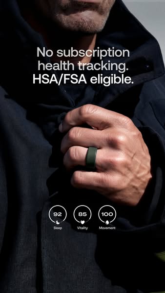 This image ad showcases a health tracking ring. The ad emphasizes the fact that there is no subscription required to use