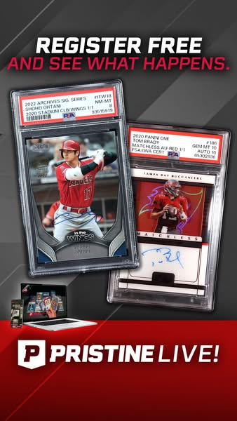 This ad for Pristine Live features two graded and authenticated sports cards, a Shohei Ohtani baseball card and a Tom Br