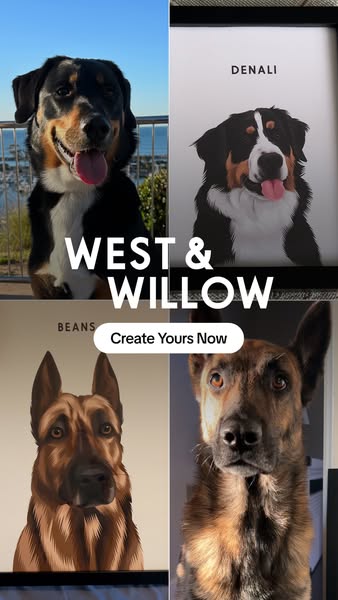 The ad for West & Willow features a grid layout with four panels. Two panels show real dogs, while the other two sho