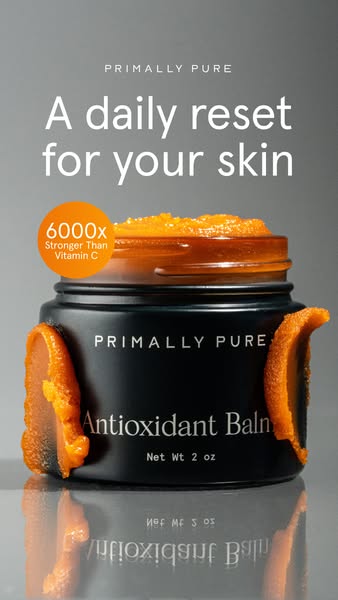 This ad features Primally Pure's Antioxidant Balm, highlighting its high concentration of antioxidants and position 