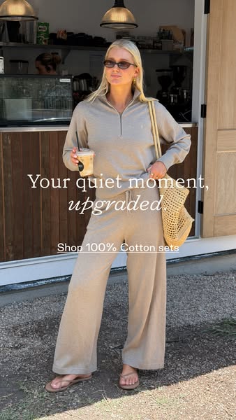 This ad shows a woman in a cotton lounge set and highlights the comfort and style of the brand's 100% cotton sets.