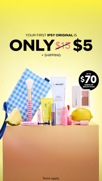 This ad for Ipsy promotes a special offer to get your first subscription box for only $5. The image shows an assortment 