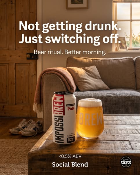 This ad promotes a low-alcohol beer, positioning it as a way to unwind without getting drunk. The setting and messaging 