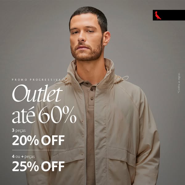 This is an advertisement for a clothing outlet sale. It features a man wearing clothing from the brand. The sale offers 