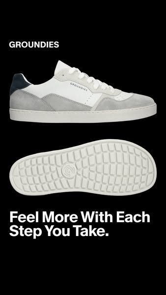 This ad showcases a pair of Groundies brand sneakers, highlighting the brand logo and the sole of the shoe while promoti