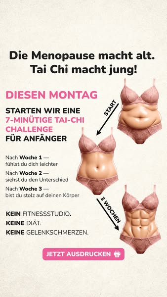 This ad promotes a 7-minute Tai Chi challenge for beginners, suggesting that menopause makes you old and Tai Chi makes y
