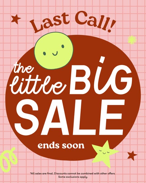 A promotional image ad announces a 'little BIG SALE' that ends soon. The ad uses a playful design with cartoonis