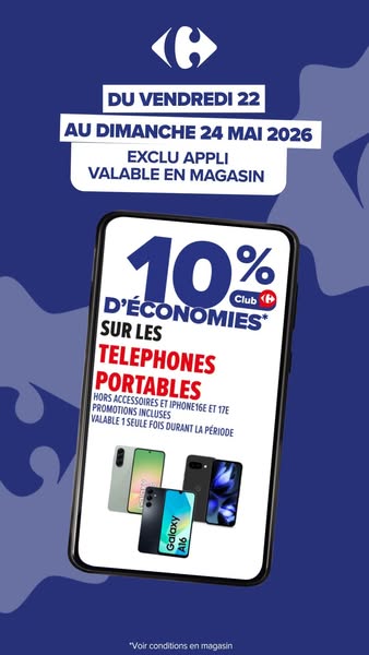 This ad promotes a 10% discount on portable telephones at Carrefour stores from Friday, May 22 to Sunday, May 24, 2026. 