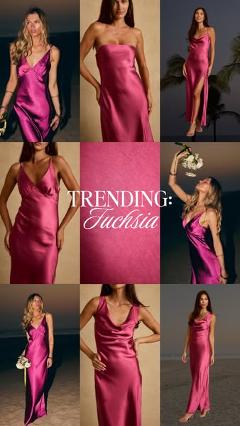 This image ad for dresses features nine different photos or close-up shots of models wearing the same fuchsia satin dres