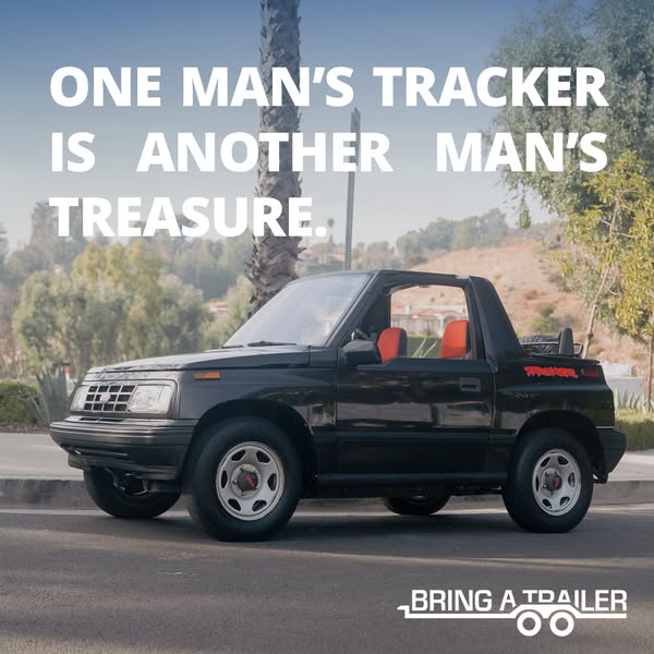 This Bring a Trailer ad features a black Geo Tracker on a city street, with a caption repurposing the phrase 'one ma