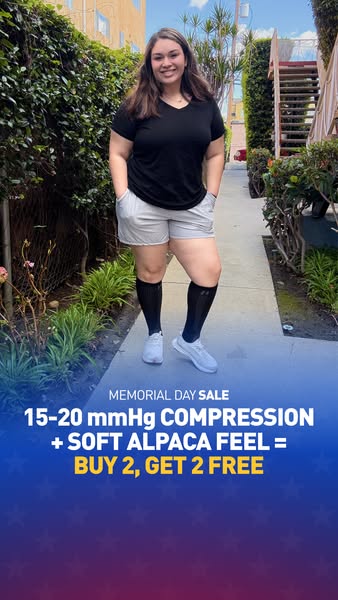 This ad promotes compression socks during a Memorial Day Sale. It features a woman wearing the product and highlights th