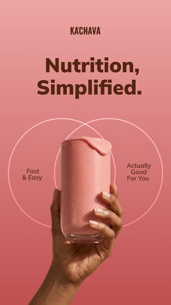 This ad for Kachava shows a hand holding a pink smoothie in a glass. Text overlaid on the image reads, "Nutrition, 