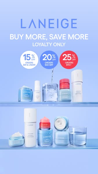 This image ad is for Laneige products. It features a 'buy more, save more' loyalty offer and displays a range of
