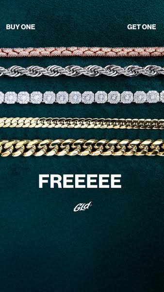The ad features a variety of gold and silver chains against a dark teal background. The ad has a buy one get one promoti