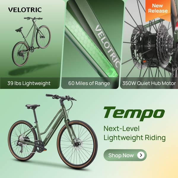 This ad showcases the Velotric Tempo e-bike, highlighting its lightweight design, range, and quiet hub motor. The visual