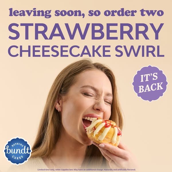 This image promotes Nothing Bundt Cakes' Strawberry Cheesecake Swirl bundt cake. It features a woman about to eat th