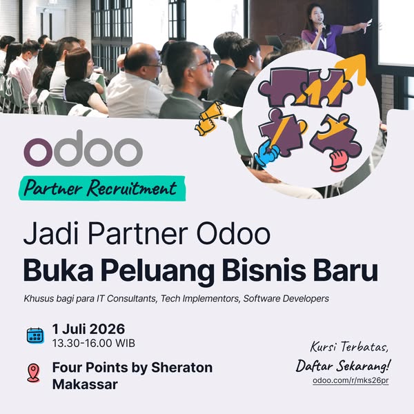 This ad promotes an Odoo event for partner recruitment, highlighting the opportunity for IT consultants, tech implemento