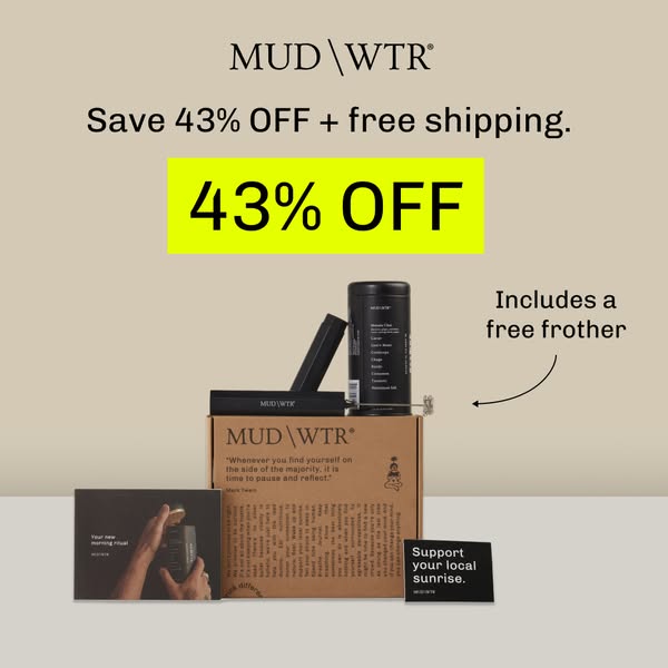 This image ad promotes MUD\WTR products with a 43% discount and free shipping. It features a product assortment and ment