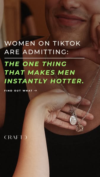 An image ad for Craftd men's necklaces featuring a man wearing two layered necklaces with pendants, accompanied by t