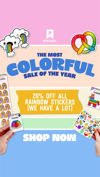 This ad for Pipsticks highlights that rainbow stickers are 20% off. The ad aims to draw in people interested in stickers