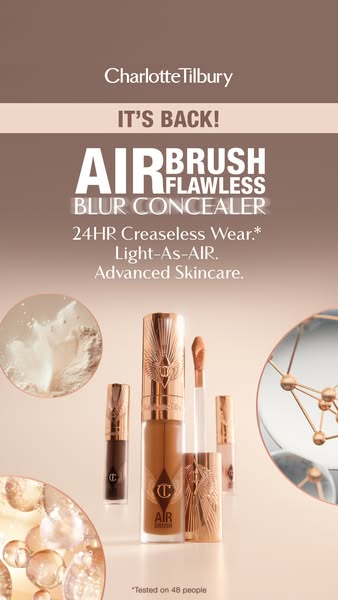 This ad promotes Charlotte Tilbury's Airbrush Flawless Blur Concealer, highlighting its 24-hour creaseless wear and 
