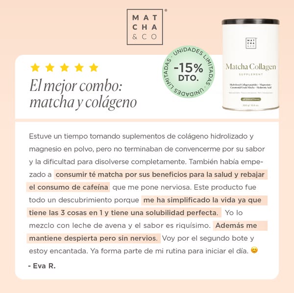 This ad features a customer testimonial for Matcha & Co's Matcha Collagen supplement. The testimonial highlights