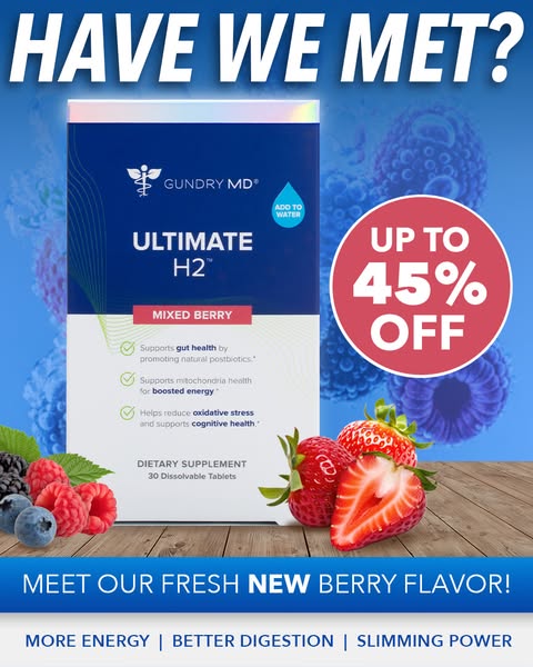 This ad for Gundry MD Ultimate H2 promotes the new mixed berry flavor and highlights its key features, including support