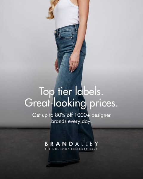 An ad promoting BrandAlley, highlighting the availability of top-tier designer labels at discounted prices, with up to 8
