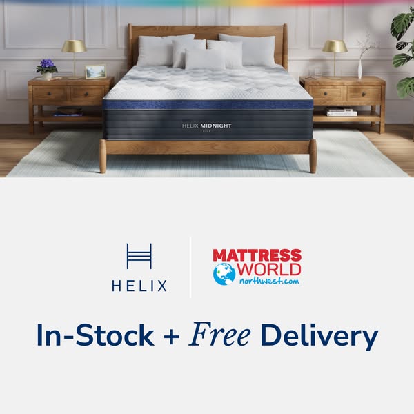 This image ad promotes Helix Sleep mattresses with in-stock availability and free delivery.