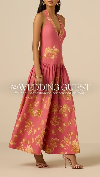 This image ad for The Wedding Guest collection features a model wearing a pink halter dress with a gold floral pattern a