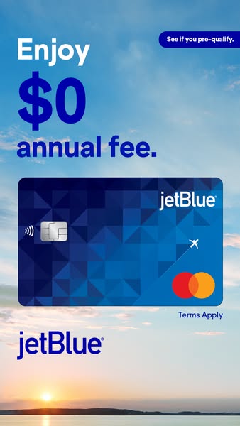 This image ad for the JetBlue credit card uses a landscape background of the sky and the ocean at sunrise. The ad copy e