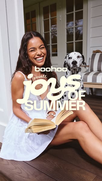 This ad features a young woman in a white dress, smiling while reading a book outside. A dalmatian sits behind her. The 