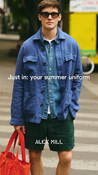 An image ad for Alex Mill clothing featuring a man wearing the brand's summer outfit. The image focuses on the cloth