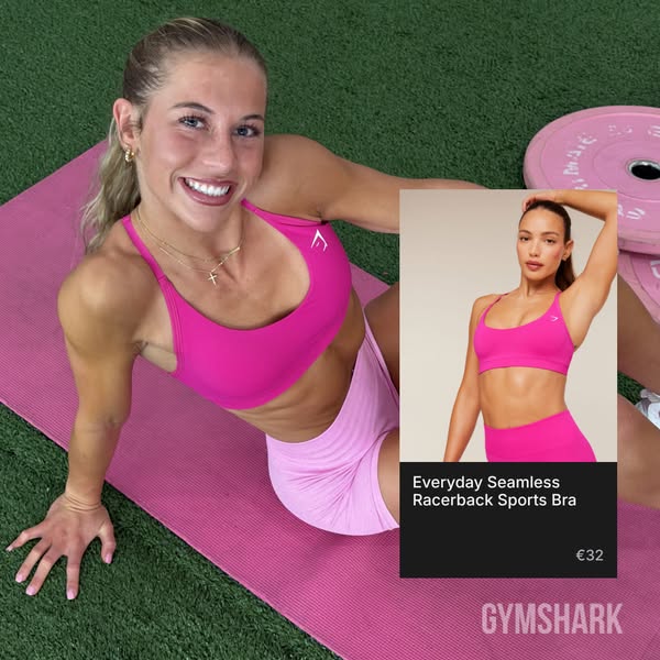 This ad features a fit young woman in gym clothes with an inset product image for a sports bra, signaling its use for ac