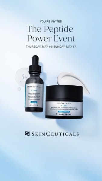 This ad for SkinCeuticals promotes The Peptide Power Event and features SkinCeuticals P.TIOX serum and cream.