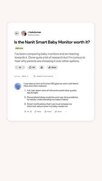 This ad shows a screenshot of a Reddit post asking if the Nanit Smart Baby Monitor is worth it. In the comments, another