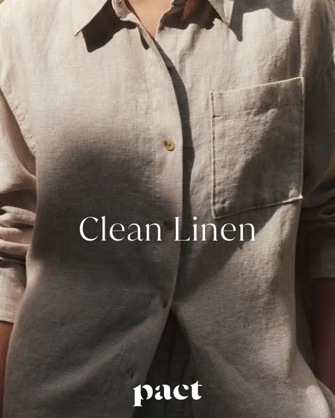 This ad features a close-up shot of a woman wearing a Pact linen button-down shirt. The focus is on the texture and comf