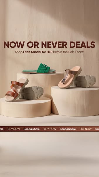 This image ad for Frido sandals uses a product showcase format to display several styles on pedestals, while also utiliz