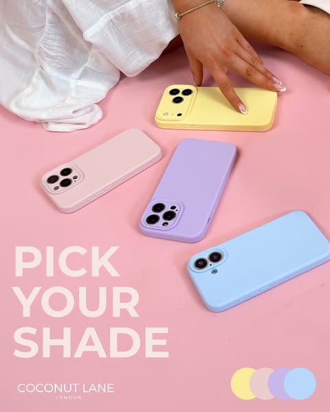 This image ad showcases phone cases from Coconut Lane in a variety of pastel colors, encouraging viewers to 'Pick Yo