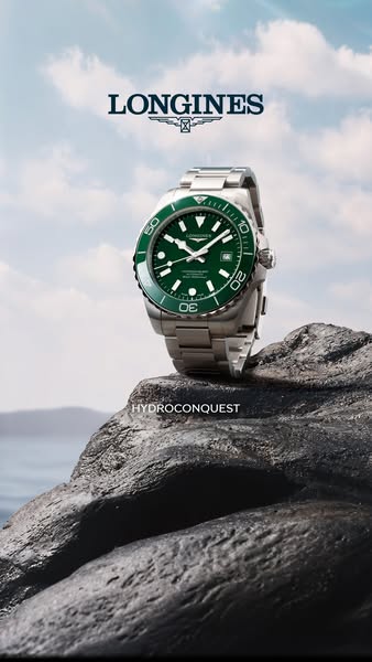 This image ad showcases the Longines Hydroconquest watch in great detail on a rocky surface with a cloudy sky background
