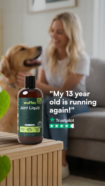 This image ad features Wuffes Joint Liquid and aims to provide social proof by showing a quote from a happy customer. Th