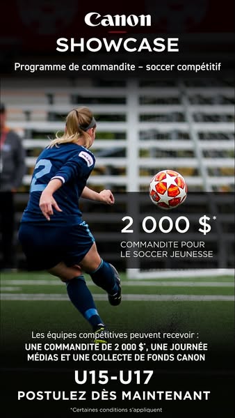 This image ad promotes the Canon Showcase program, inviting competitive youth soccer teams (U15-U17) to apply for sponso