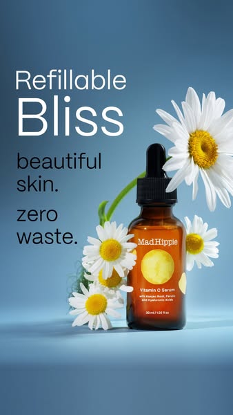This image ad for MadHippie promotes their refillable Vitamin C Serum as a path to beautiful skin and zero waste. The fo