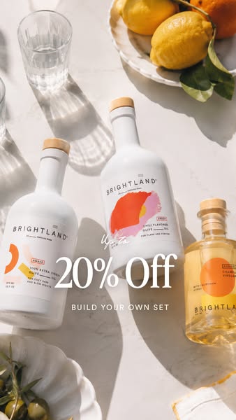 This ad showcases Brightland olive oils and offers 20% off a customized set.