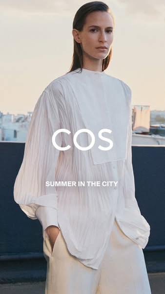 This ad features a model wearing a white COS shirt and emphasizes the style's suitability for summer in the city.