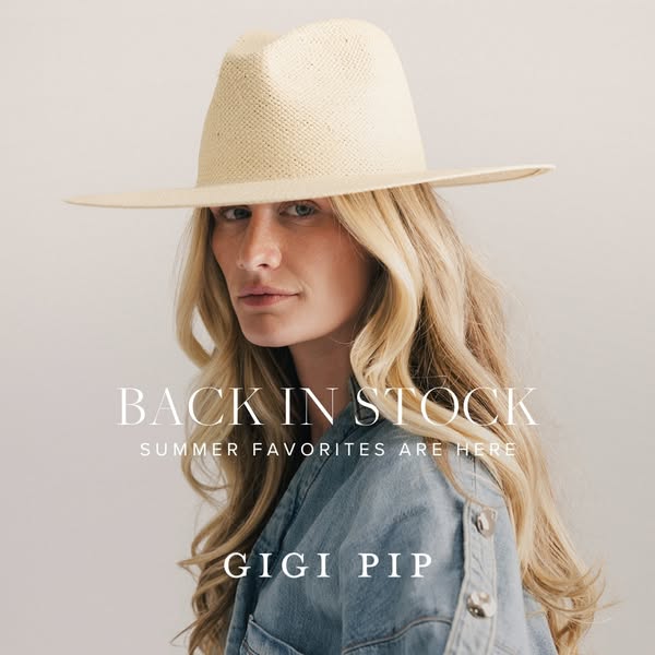 An image ad promoting Gigi Pip hats with a focus on their summer favorites being back in stock. The ad features a woman 